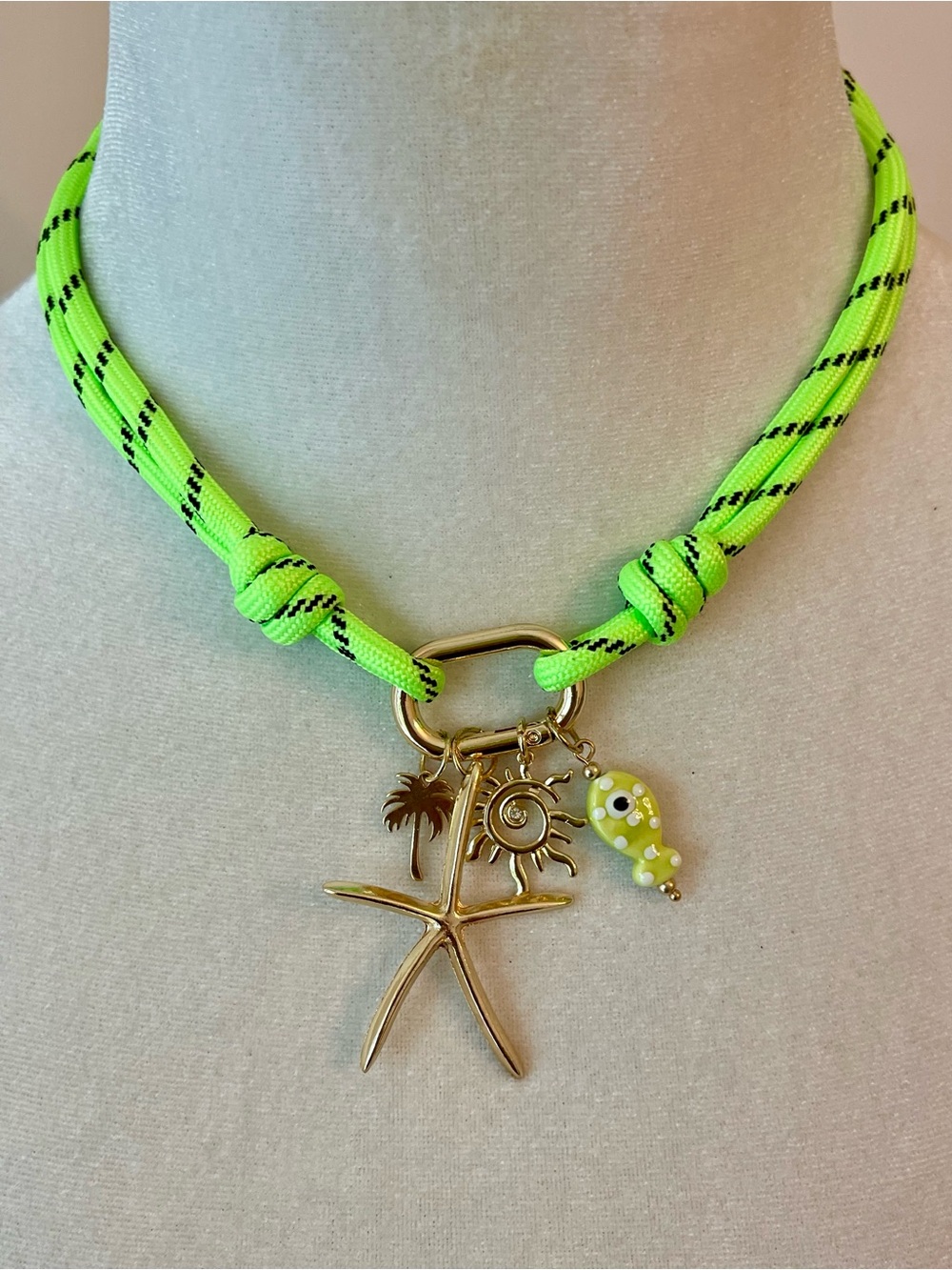 Neon Green Rope Charm Necklace with Gold Sea Charms